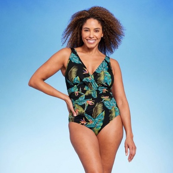 NWT Aqua Green UPF 50 V-Neck Ruched One Piece Swimsuit - Black Tropical Print 14 - Picture 2 of 6
